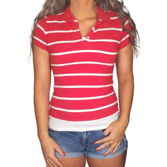 Red White Polo Shirt Juniors Large Y2k Preppy Striped Collared Cap Sleeve Skater - Picture 1 of 6